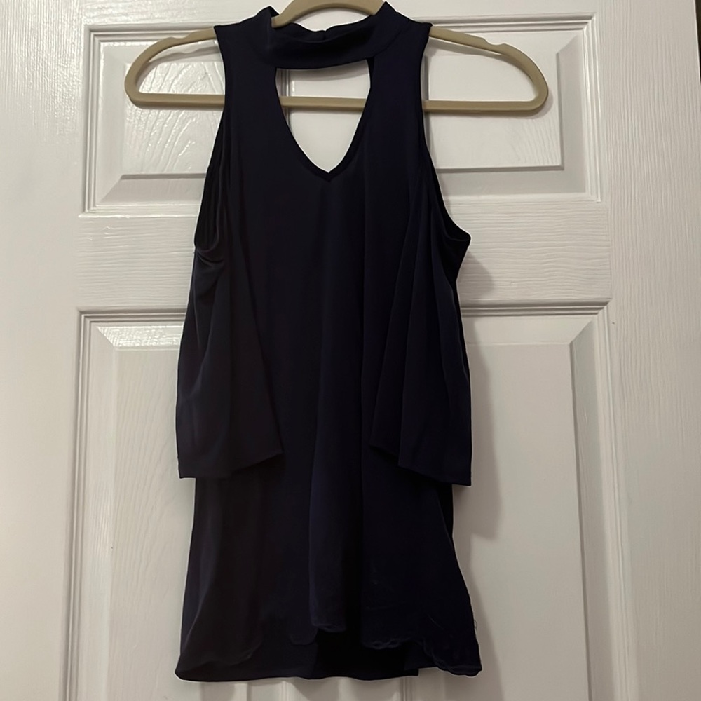 Navy high neck cold shoulder blouse